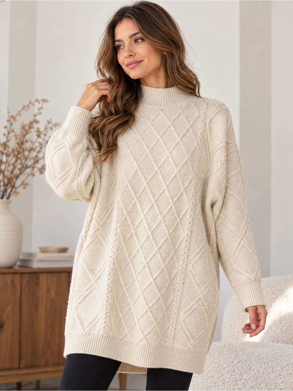 Dreamers by Debut Ivory Cream Cable Knit Mock Neck Sweater Dress Small